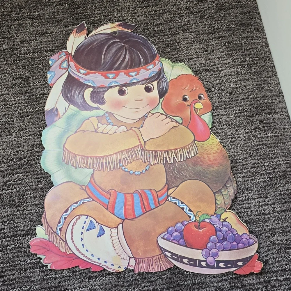 3 Large Vintage Die Cut Thanksgiving Double Sided Window Wall Decor Pilgrim Girl